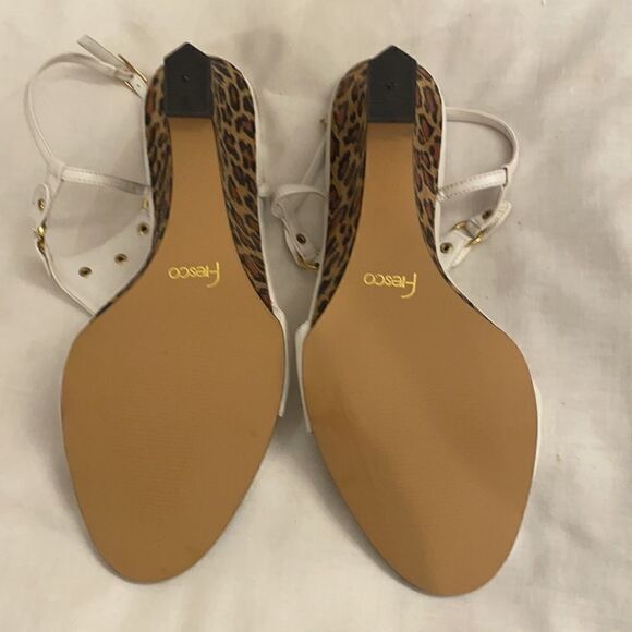 FRESCO BY PIERRE WHITE/GOLD LEOPARD WEDGE SANDALS. NEW - Picture 5 of 9